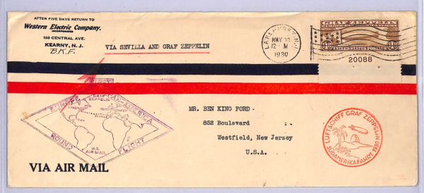 USA #C14 Cover GRAF ZEPPELIN $1.30 Plate Air 1930 PAN AMERICA ROUND FLIGHT WT106 - Image 3