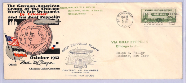 USA #C18 50c Air 1933 FDC Eckener Illustrated CHICAGO EXHIBITION Cover WT107