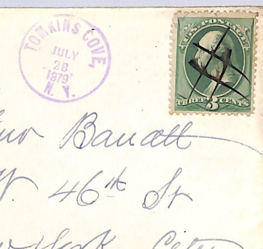 USA CLASSIC Cover 3c 1879 *TOMKINS COVE NY* Violet RUBBER CDS New York UG154