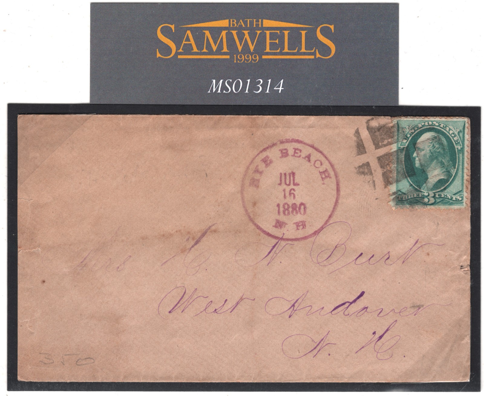 USA Classic Cover 1880 RARE New Hampshire *RYE BEACH* PURPLE Rubber CDS MS1314 - Image 3