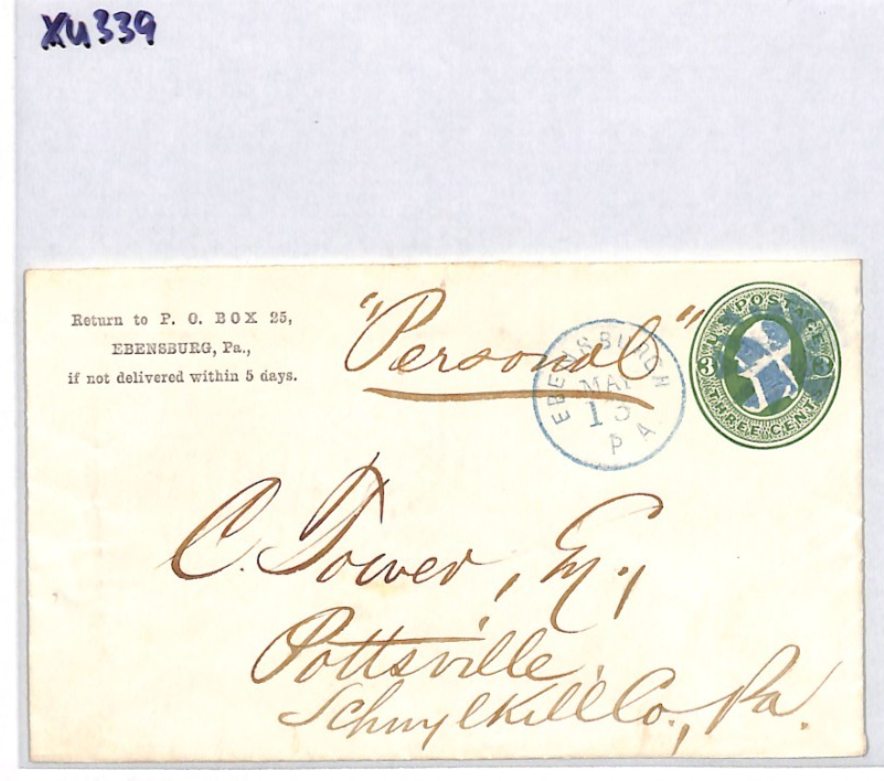 USA Classic Cover *BRIGHT BLUE* FANCY CANCEL Stationery 3c EBENSBURGH PA XU339 - Image 9