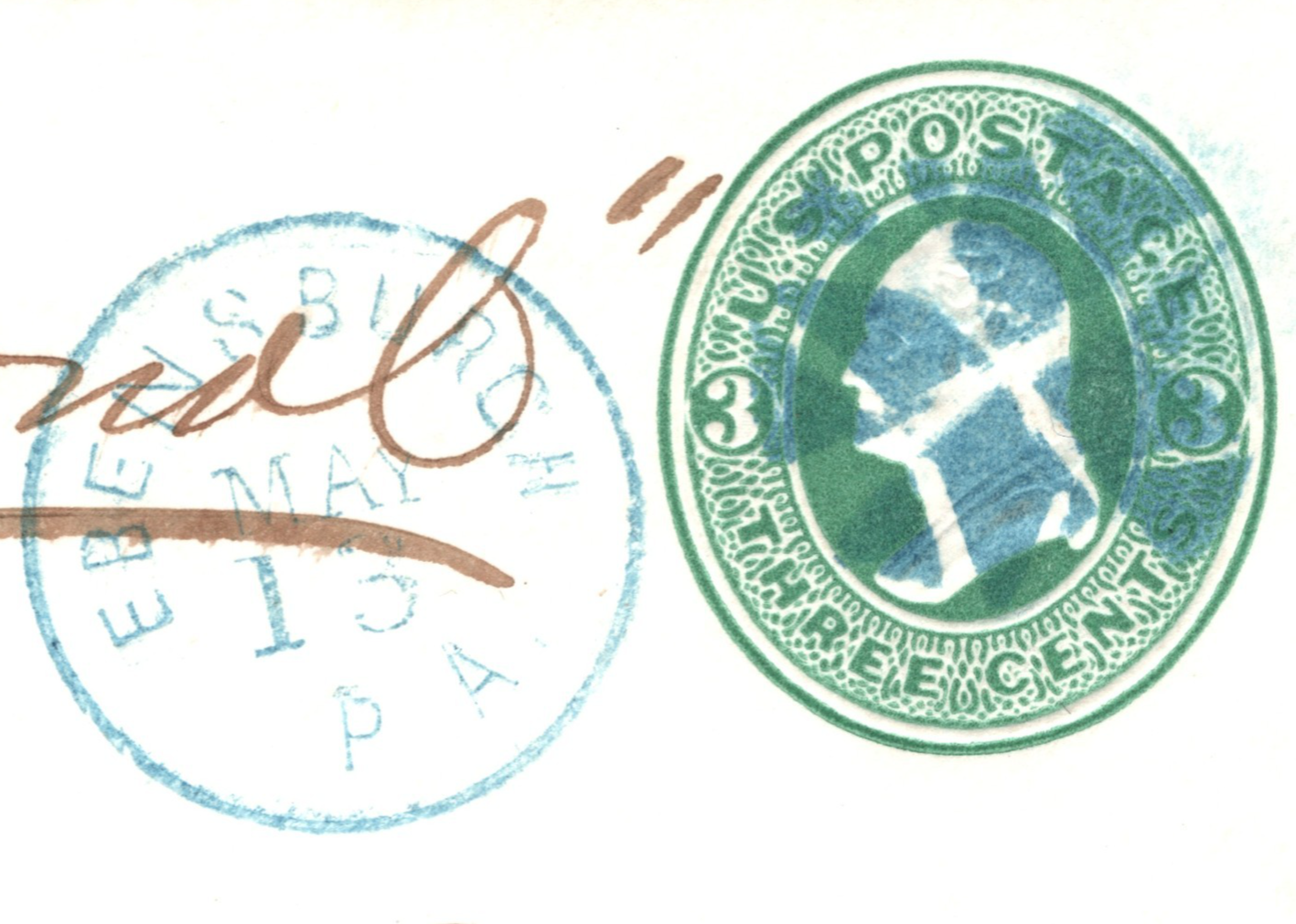 USA Classic Cover *BRIGHT BLUE* FANCY CANCEL Stationery 3c EBENSBURGH PA XU339