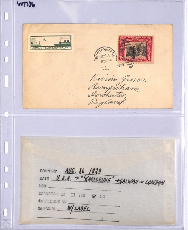 USA Cover  1929 TRANSATLANTIC Air Mail *KARLSRUHE-GALWAY* Label/Etiquette WT136 - Image 9