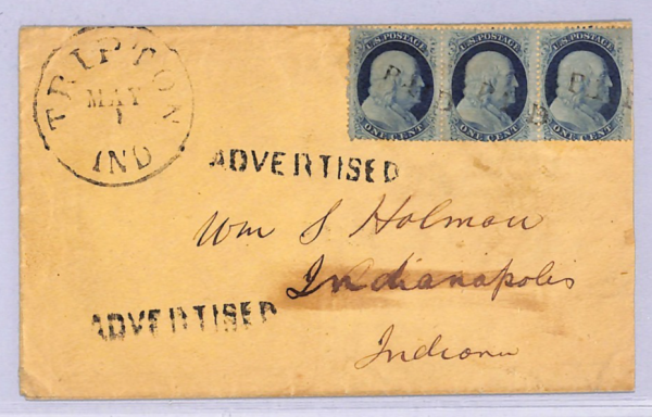 USA Cover *ADVERTISED* Tripton Indiana Indianapolis 1c STRIP{3} c1861 WT110 - Image 3