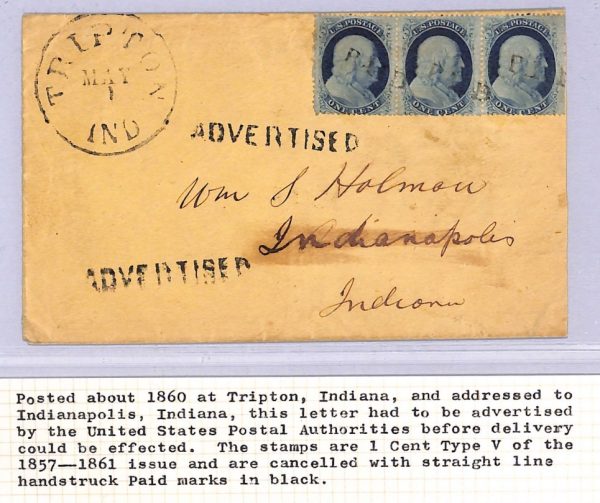 USA Cover *ADVERTISED* Tripton Indiana Indianapolis 1c STRIP{3} c1861 WT110 - Image 5