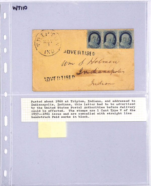 USA Cover *ADVERTISED* Tripton Indiana Indianapolis 1c STRIP{3} c1861 WT110 - Image 7