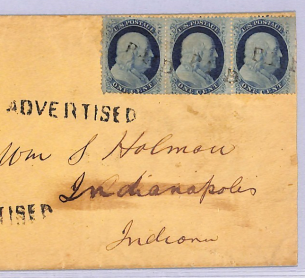 USA Cover *ADVERTISED* Tripton Indiana Indianapolis 1c STRIP{3} c1861 WT110