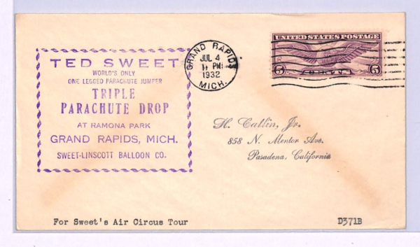 USA Cover *PARACHUTE DROP* Air Circus TED SWEET 1932 Grand Rapids {samwells}XA28 - Image 3