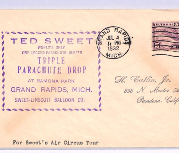 USA Cover *PARACHUTE DROP* Air Circus TED SWEET 1932 Grand Rapids {samwells}XA28