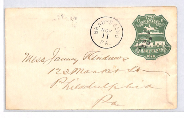 USA Cover c1876 Centenary Stationery 3c *BRADY'S BEND/PA* CDS Philadelphia XU293 - Image 4