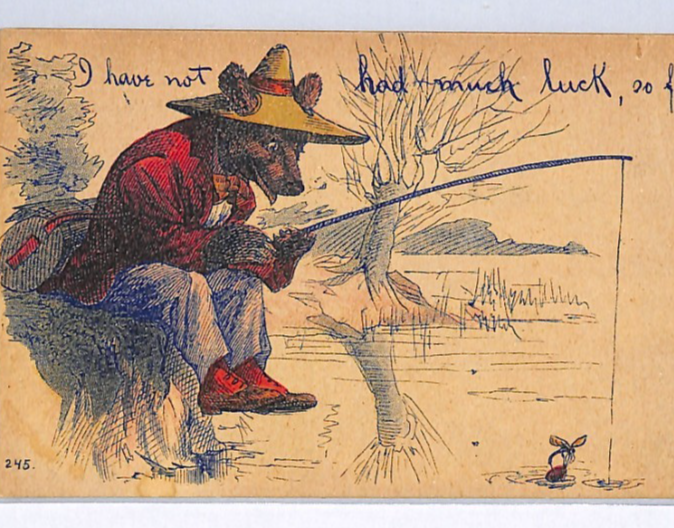 USA FISHING ART Postcard FOX Fisherman Caricature ANGLING {samwells-covers}WP298