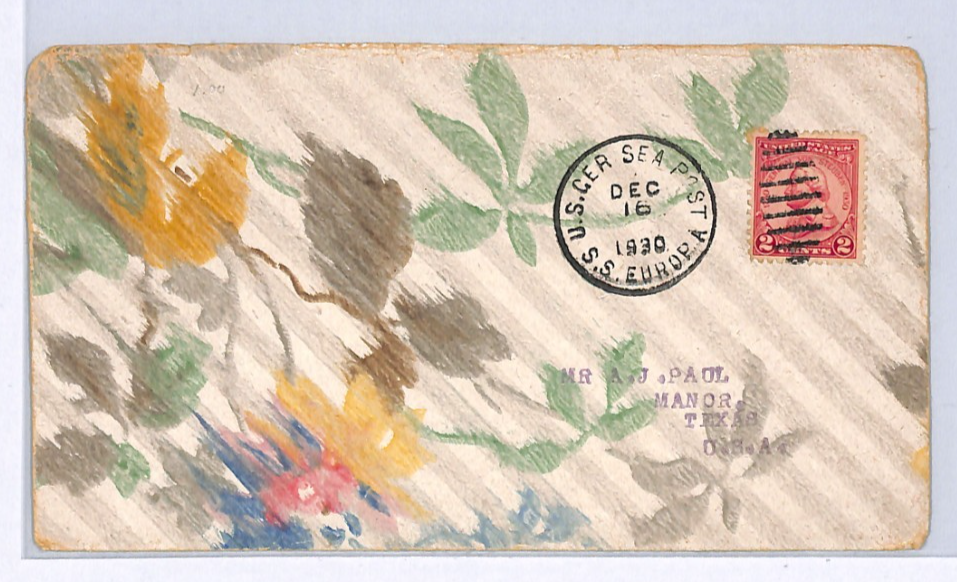USA HAND-PAINTED Flowers TRANSATLANTIC Cover SEA POST SS EUROPA 1930 Texas XK191 - Image 3