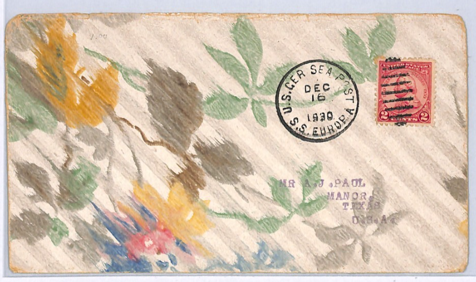 USA HAND-PAINTED Flowers TRANSATLANTIC Cover SEA POST SS EUROPA 1930 Texas XK191 - Image 6
