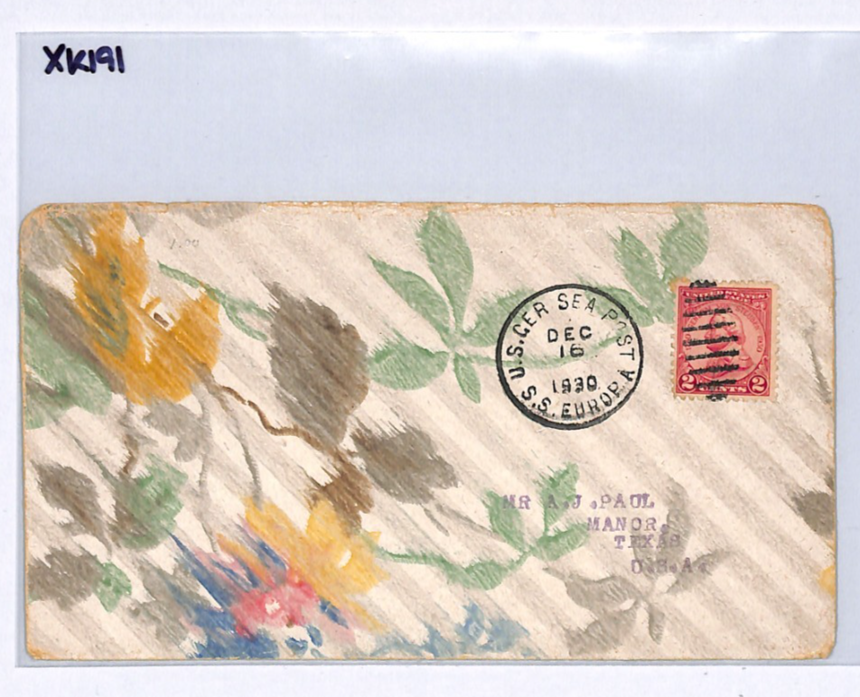 USA HAND-PAINTED Flowers TRANSATLANTIC Cover SEA POST SS EUROPA 1930 Texas XK191 - Image 7