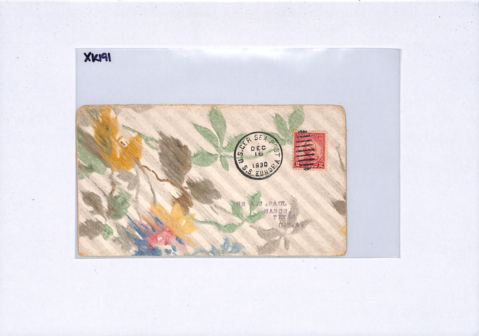 USA HAND-PAINTED Flowers TRANSATLANTIC Cover SEA POST SS EUROPA 1930 Texas XK191 - Image 9