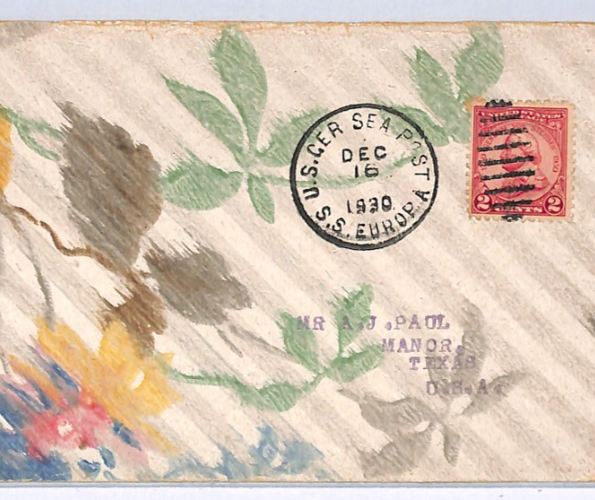 USA HAND-PAINTED Flowers TRANSATLANTIC Cover SEA POST SS EUROPA 1930 Texas XK191