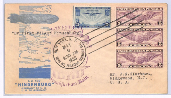 USA HINDENBURG ZEPPELIN Air *ILLUSTRATED*Cover FIRST FLIGHT 1936 Frankfurt XF109 - Image 3