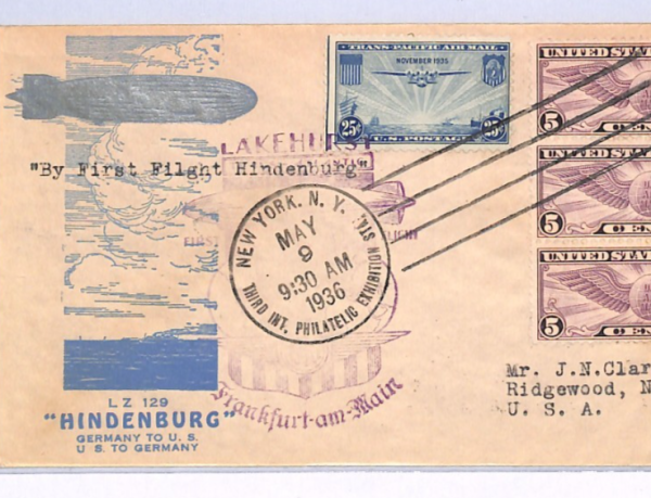 USA HINDENBURG ZEPPELIN Air *ILLUSTRATED*Cover FIRST FLIGHT 1936 Frankfurt XF109