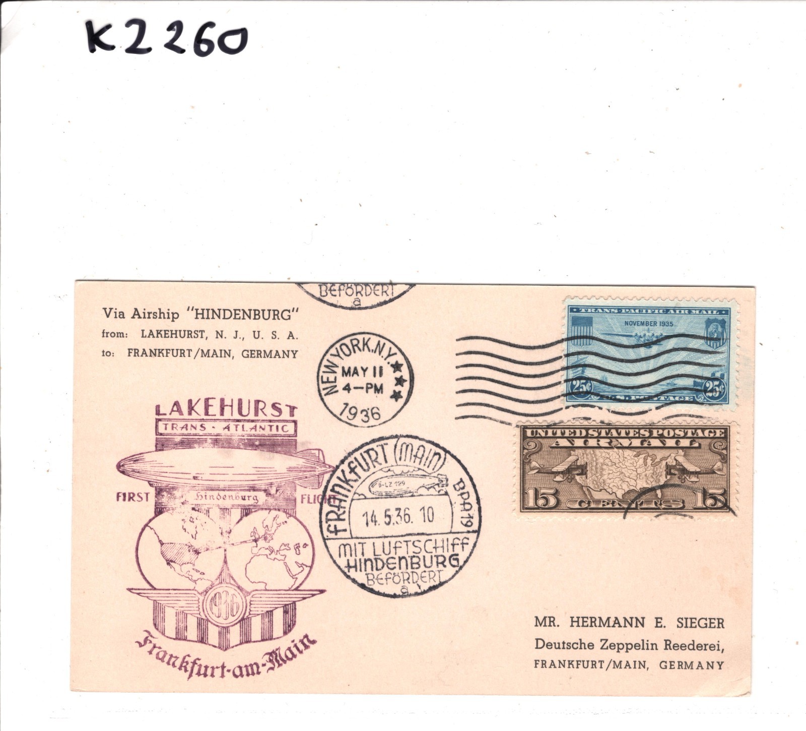 USA HINDENBURG ZEPPELIN Air Mail Card 1936 FIRST FLIGHT Germany Frankfurt KZ260 - Image 4