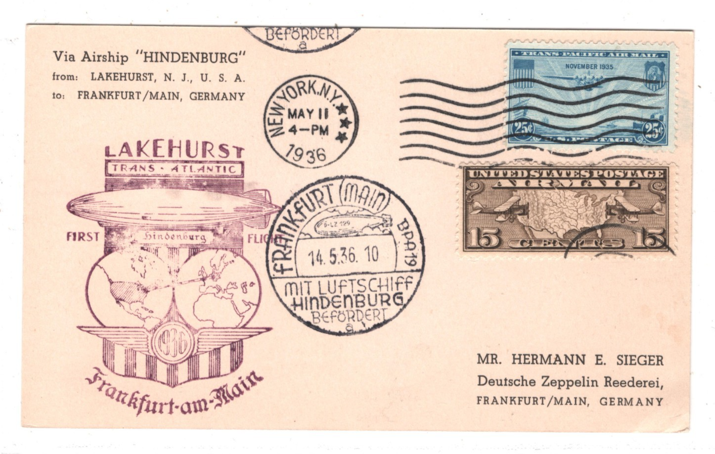 USA HINDENBURG ZEPPELIN Air Mail Card 1936 FIRST FLIGHT Germany Frankfurt KZ260