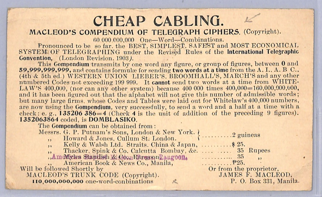USA PHILIPPINES Advert Card TELEGRAPH CABLING Manila CEYLON Singapore 1905 UG196 - Image 4