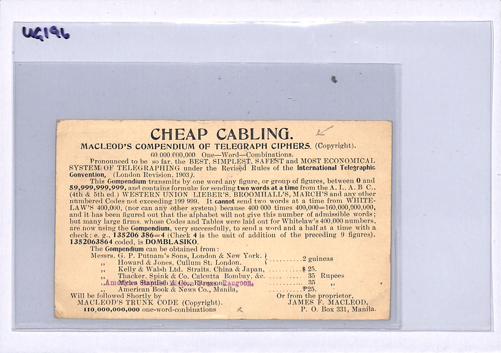 USA PHILIPPINES Advert Card TELEGRAPH CABLING Manila CEYLON Singapore 1905 UG196 - Image 5
