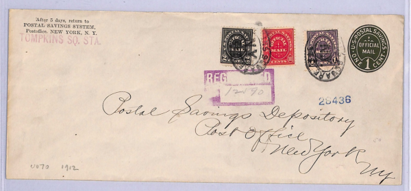 USA POSTAL SAVINGS Official Stationery Cover Reg 1912 Tompkins Square NYC WT108 - Image 3
