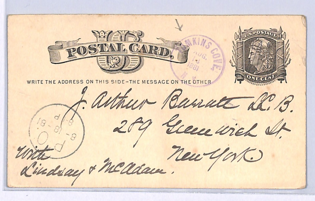 USA Stationery 1c Card *TOMKINS COVE* NY Violet RUBBER CDS 1881 New York UG194 - Image 3