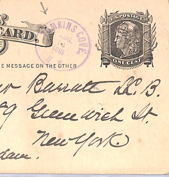USA Stationery 1c Card *TOMKINS COVE* NY Violet RUBBER CDS 1881 New York UG194 - Image 5