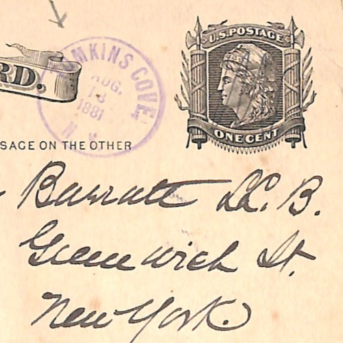 USA Stationery 1c Card *TOMKINS COVE* NY Violet RUBBER CDS 1881 New York UG194