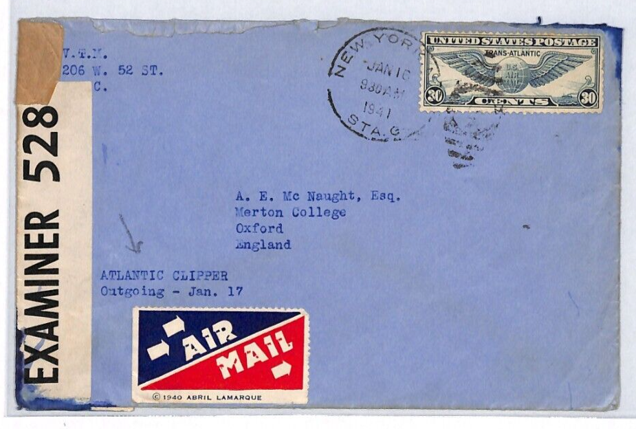 USA WW2 Air 1941 Cover NY *VTM* TUXEDO PARK Oxford (SAS Officer) McNaught YL242