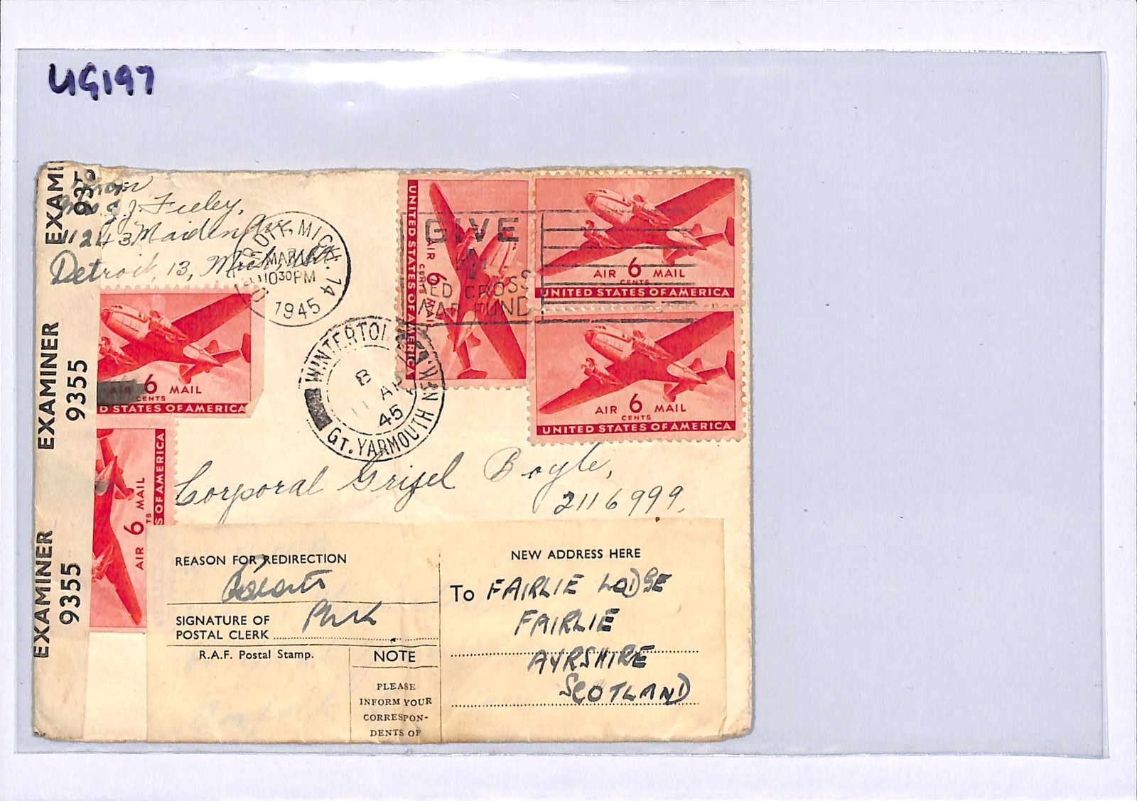 USA WW2 Air GB Cover FORWARDED *RAF RADAR STATION* Winterton Norfolk 1945 UG197 - Image 7