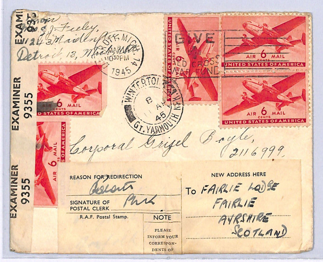 USA WW2 Air GB Cover FORWARDED *RAF RADAR STATION* Winterton Norfolk 1945 UG197