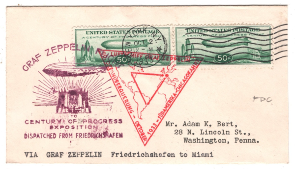USA ZEPPELIN 50c Pai1r 1933 FDC #C18 First Day Cover CENTURY PROGRESS Expo KZ261 - Image 3