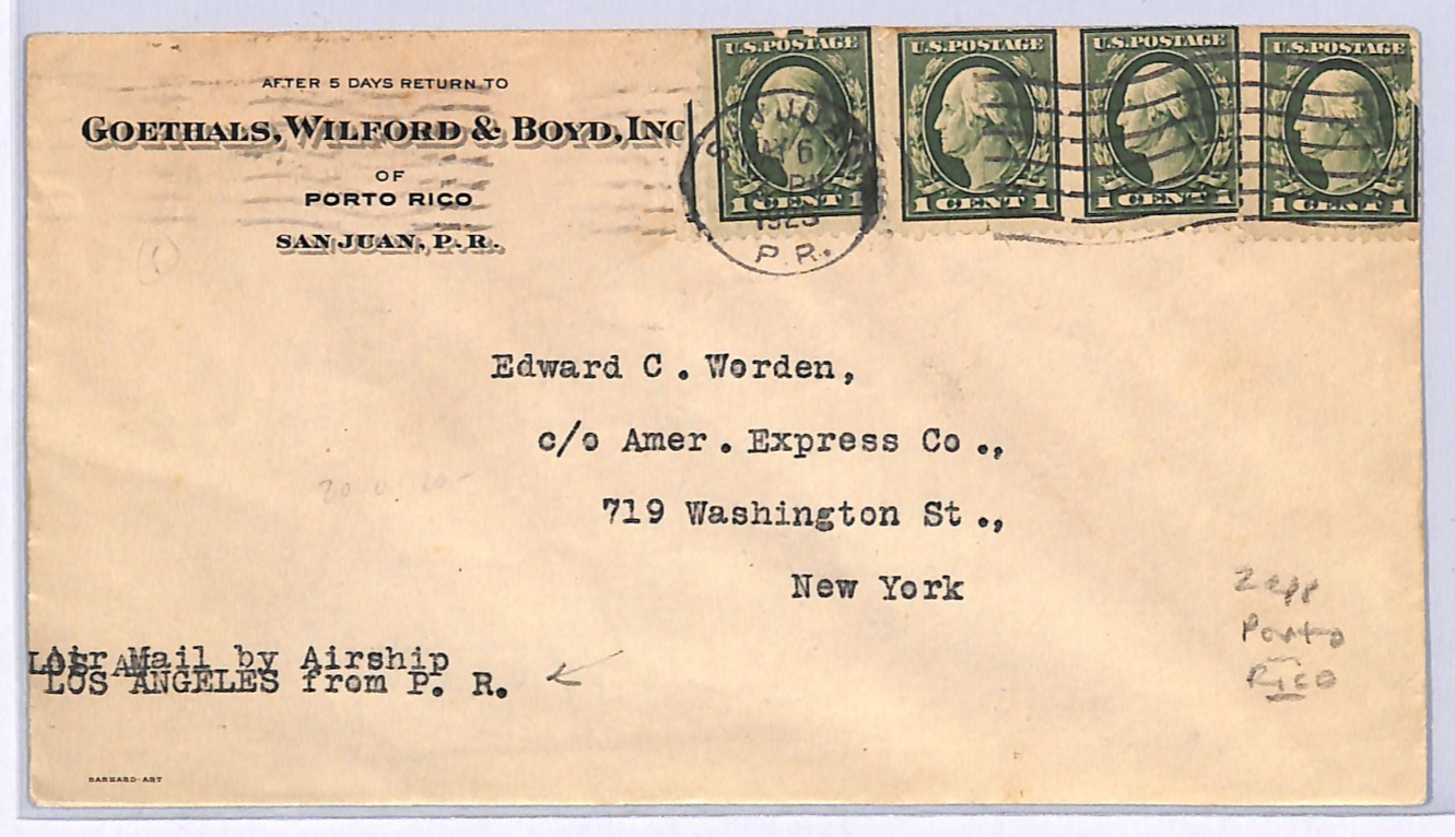 USA (ZEPPELIN) AIRSHIP *Los Angeles* Air Mail Cover PUERTO RICO 1925 NYC UG159