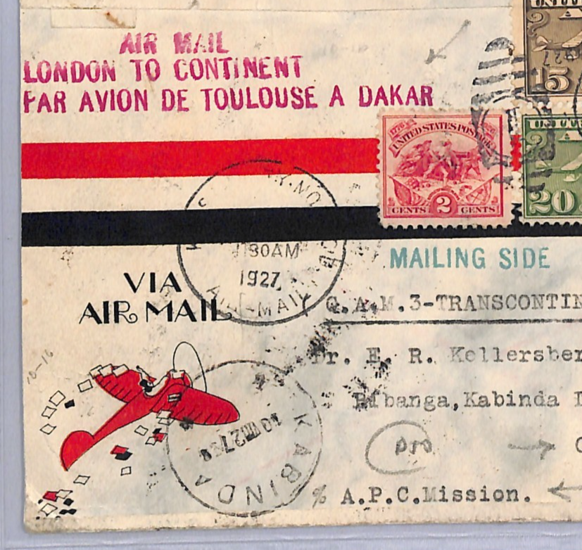 USA/BELGIAN CONGO Air *MIXED FRANKING* Cover 1927 Toulouse-Dakar Flight UG151 - Image 4
