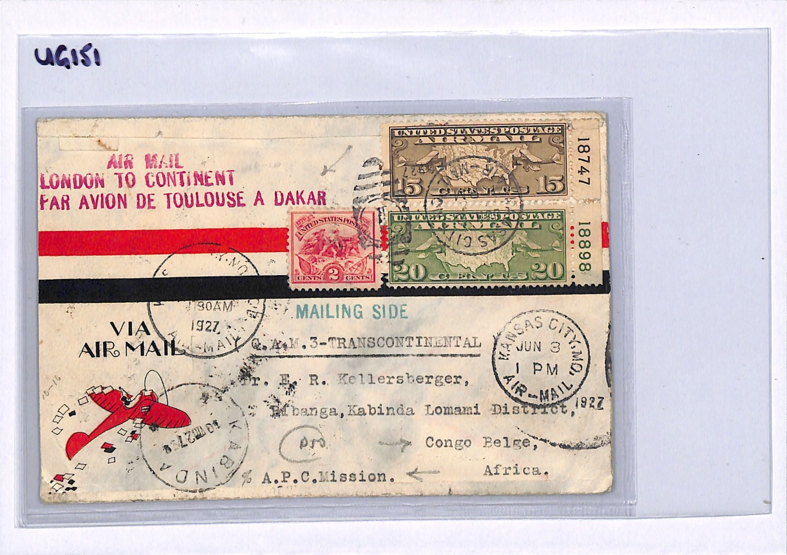 USA/BELGIAN CONGO Air *MIXED FRANKING* Cover 1927 Toulouse-Dakar Flight UG151 - Image 7