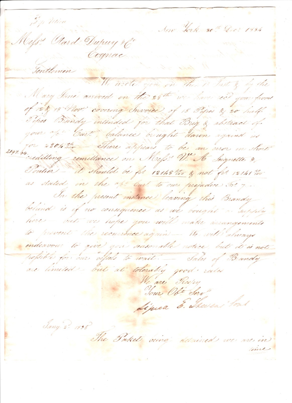 USA/FRANCE TRANSATLANTIC Cover 1834 New York Cognac FORMOSA EL WA33 - Image 5