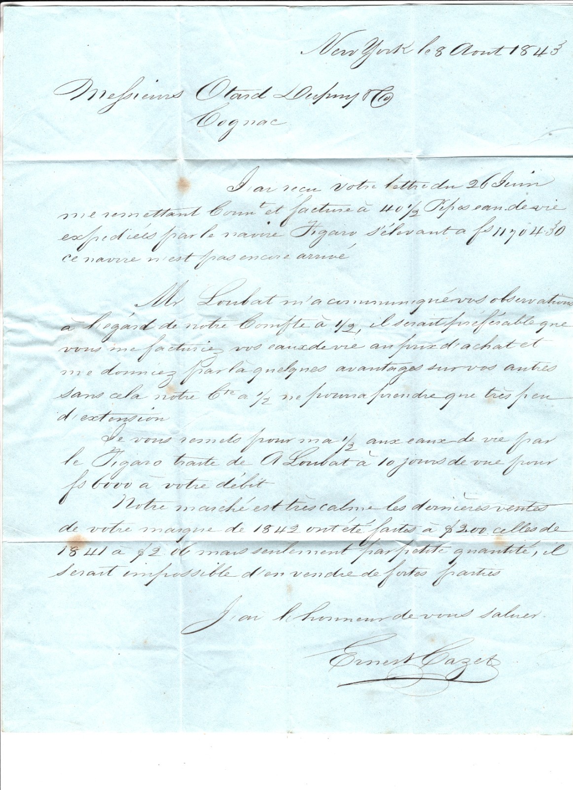 USA/FRANCE TRANSATLANTIC Cover 1843 New York Cognac Entire Letter EL XK214 - Image 5