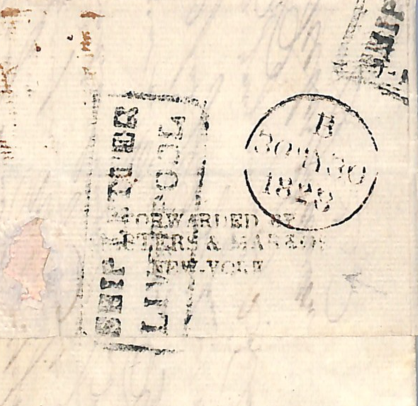 USA/GB TRANSATLANTIC Cover Charleston EL FORWARDED FAC NY London 1828 WO42