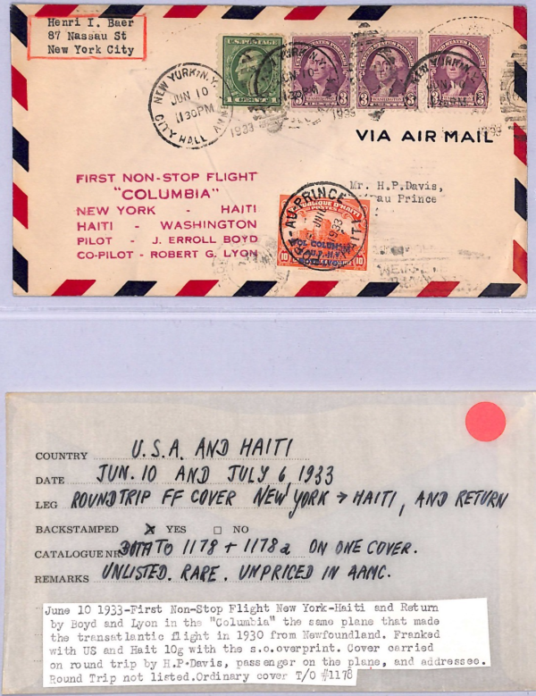 USA/HAITI Air 1933 Cover COLUMBIA FIRST FLIGHT Boyd-Lyon MULLER 10,000pts WT121 - Image 5