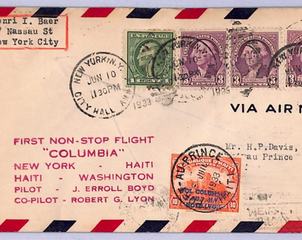 USA/HAITI Air 1933 Cover COLUMBIA FIRST FLIGHT Boyd-Lyon MULLER 10,000pts WT121
