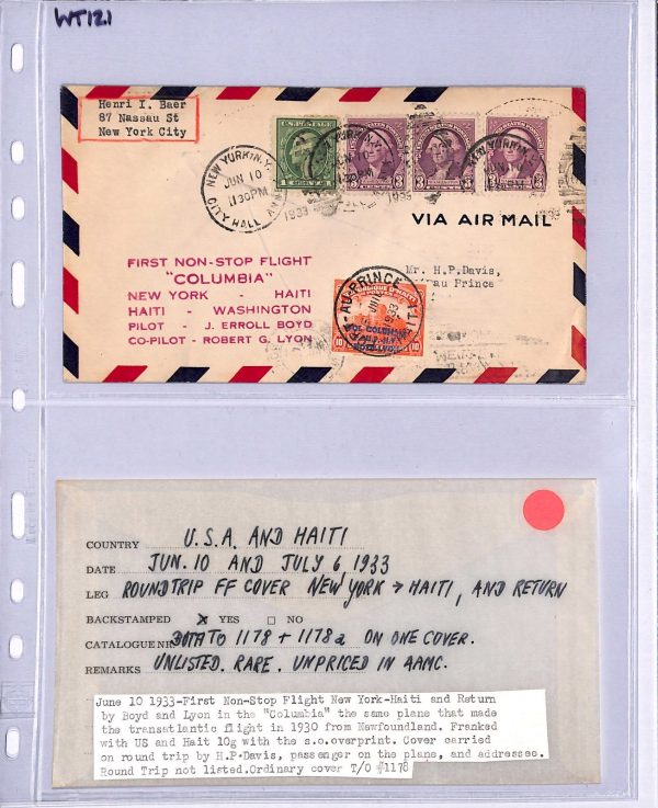 USA/HAITI Air 1933 Cover COLUMBIA FIRST FLIGHT Boyd-Lyon MULLER 10,000pts WT121 - Image 10