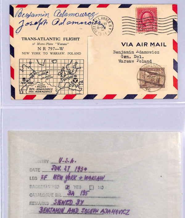 USA/POLAND Transatlantic Flight 1934 Air Cover ADAMOWICZ Pilots{2} Signed WT116 - Image 4
