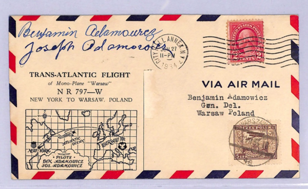 USA/POLAND Transatlantic Flight 1934 Air Cover ADAMOWICZ Pilots{2} Signed WT116