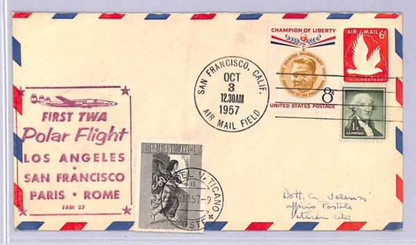 USA/VATICAN Air Mail Cover TWA FIRST POLAR FLIGHT San Francisco 1957 WT124 - Image 3