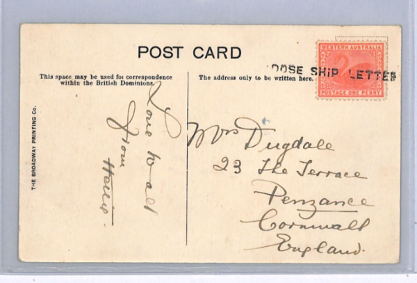 WESTERN AUSTRALIA 1d Swan Postcard *LOOSE SHIP LETTER* Adelaide PPC Penzance XK4 - Image 4