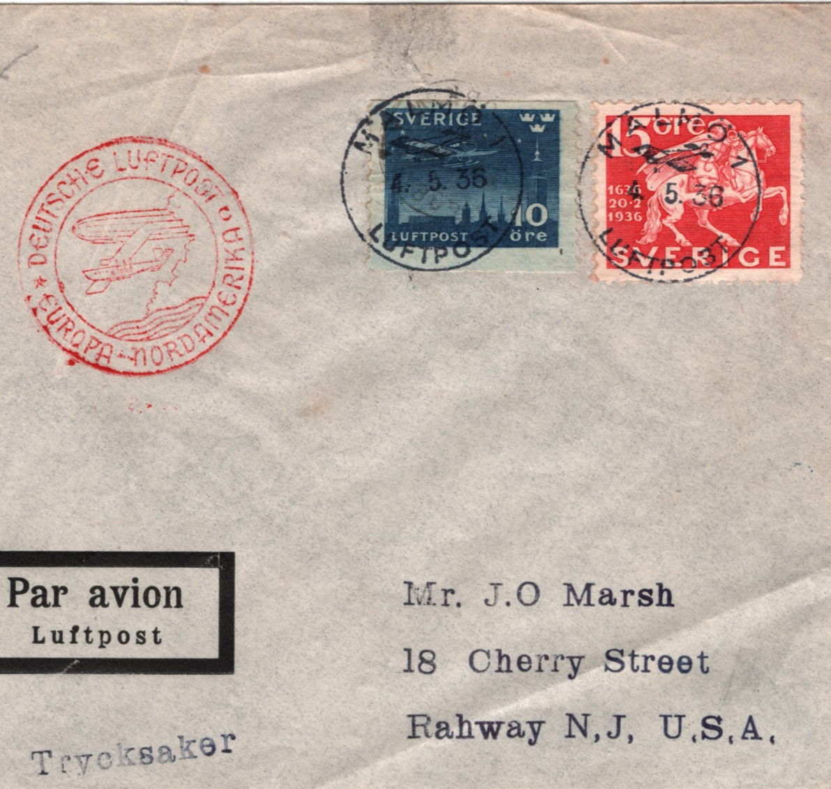 ZEPPELIN *HINDENBERG* Cover SWEDEN Air 1936 FIRST FLIGHT USA NJ Rahway KZ245 - Image 4