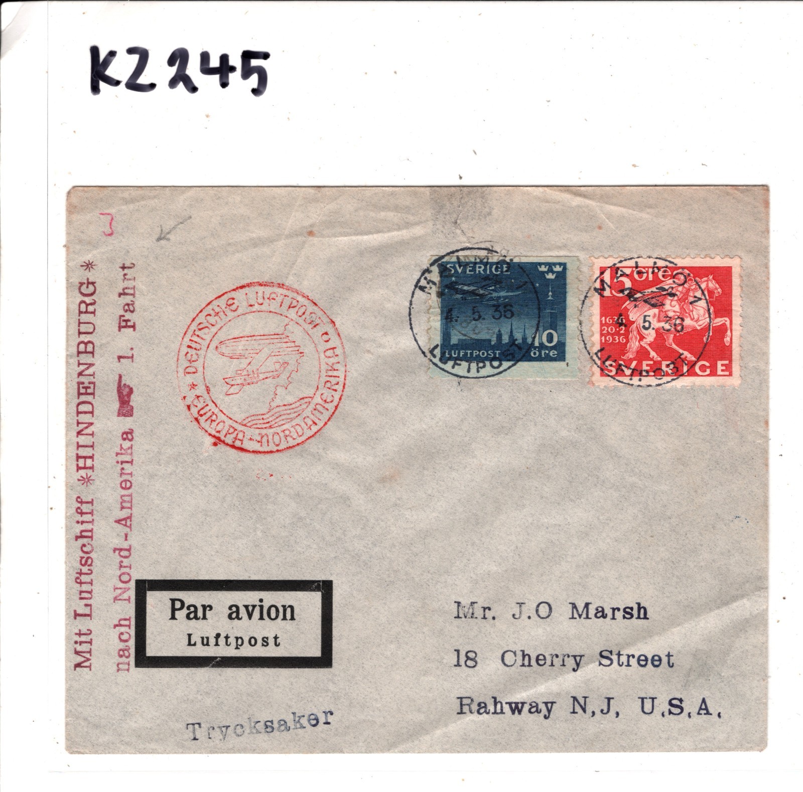 ZEPPELIN *HINDENBERG* Cover SWEDEN Air 1936 FIRST FLIGHT USA NJ Rahway KZ245 - Image 6