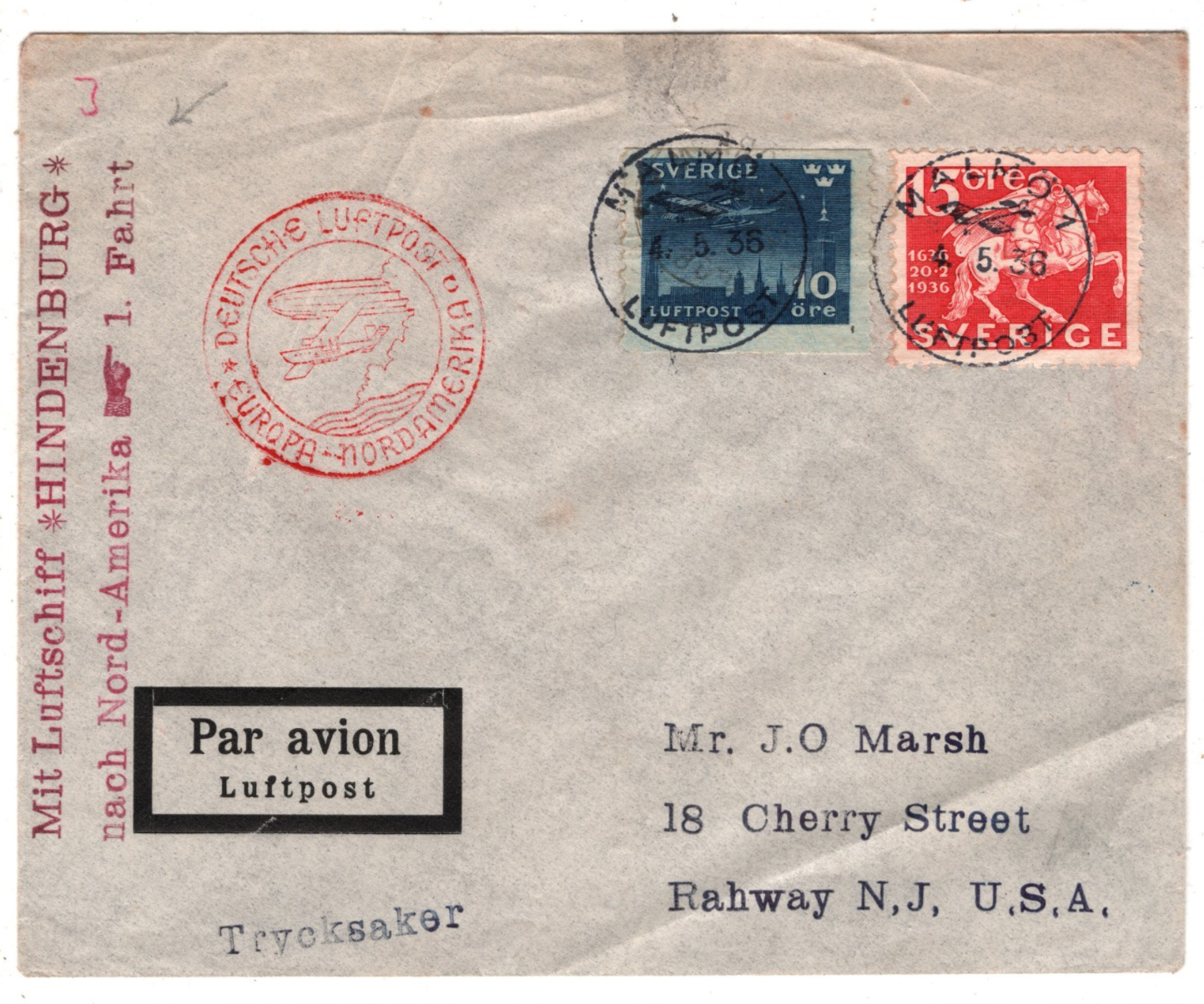 ZEPPELIN *HINDENBERG* Cover SWEDEN Air 1936 FIRST FLIGHT USA NJ Rahway KZ245